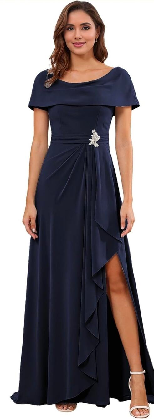 Formal evening chiffon cape sleeve dress Mother of The Bride navy Sz 12 wedding